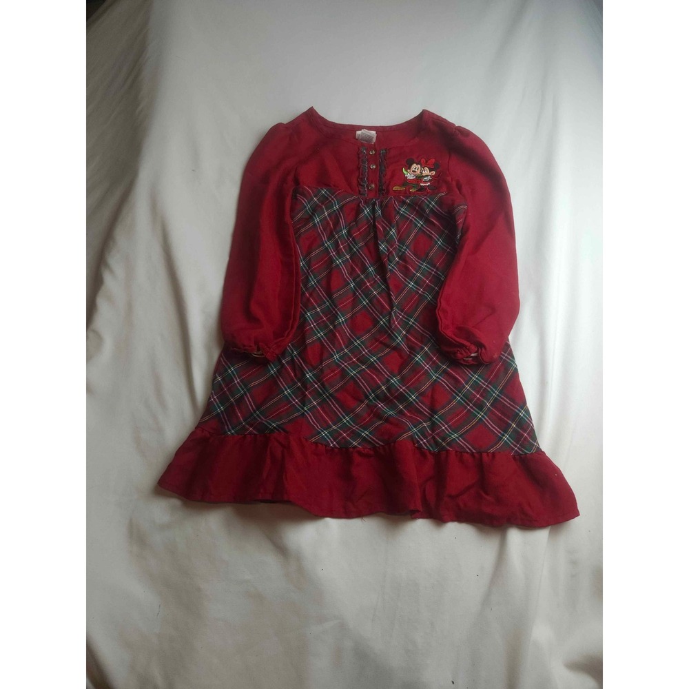 Disney Store Girls Red Plaid Mickey Minnie Mouse Holiday Nightgown Size 5/6